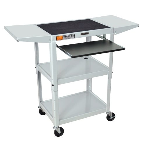 Luxor Light Gray Adjustable Height Metal Cart with Keyboard Tray and Drop Leaf Shelves