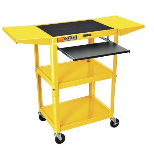Luxor Yellow Adjustable Height Metal Cart with Keyboard Tray and Drop Leaf Shelves