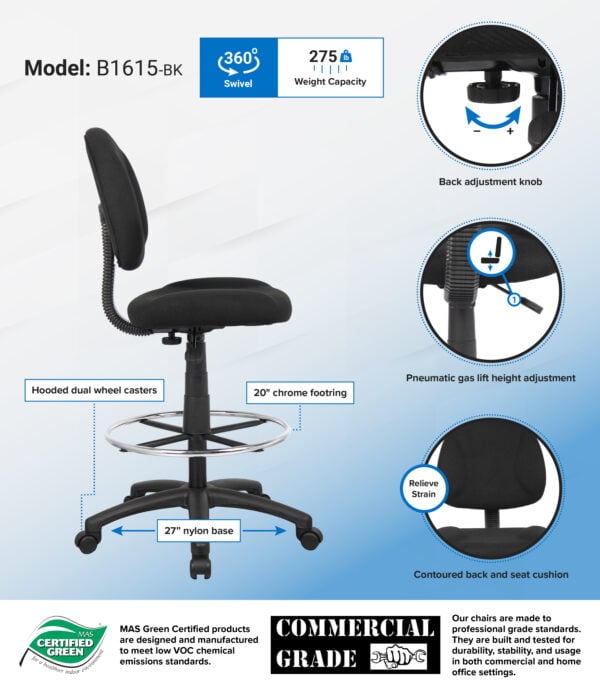 Boss Ergonomic Adjustable Drafting Chair - B1615-BK