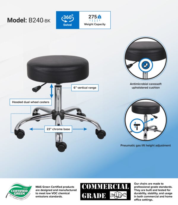 Boss Adjustable Antimicrobial Rolling Stool - B240-BK