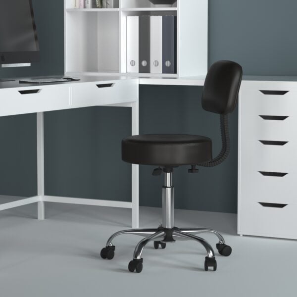 Boss Black Adjustable Antimicrobial Rolling Stool w/ Back Cushion - B245-BK