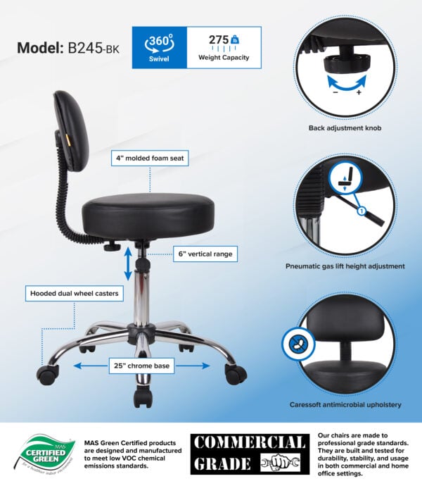 Boss Black Adjustable Antimicrobial Rolling Stool w/ Back Cushion - B245-BK