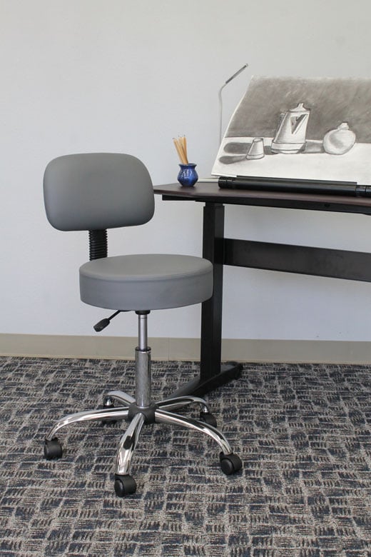 Boss Gray Adjustable Antimicrobial Rolling Stool w/ Back Cushion - B245-GY