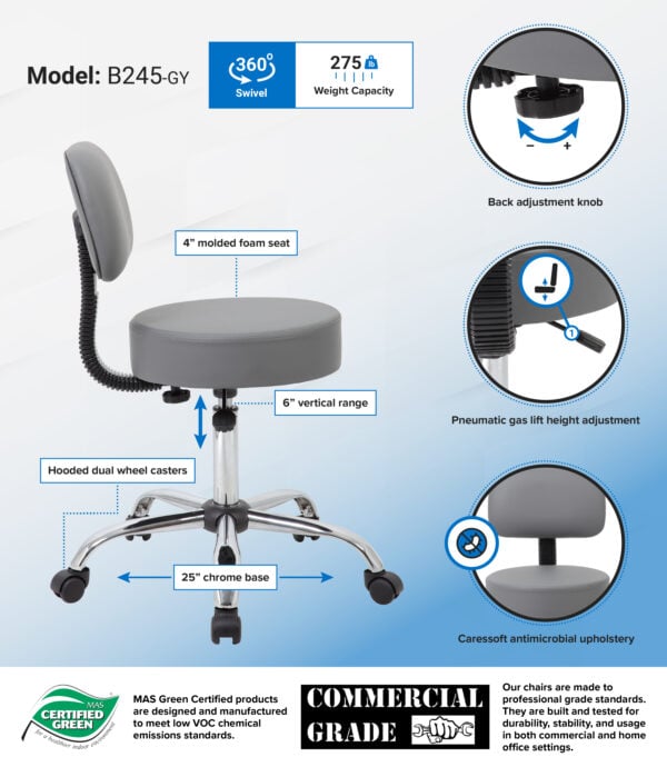 Boss Gray Adjustable Antimicrobial Rolling Stool w/ Back Cushion - B245-GY