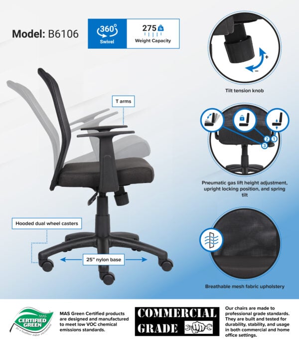 Boss Cool Mesh Office Chair w/ Armrests - B6106
