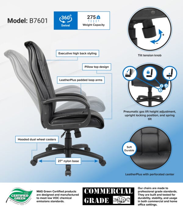 Boss LeatherPlus Executive High Back Chair - B7601