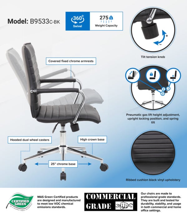Boss Sleek Black Vinyl Task Chair - B9533C-BK