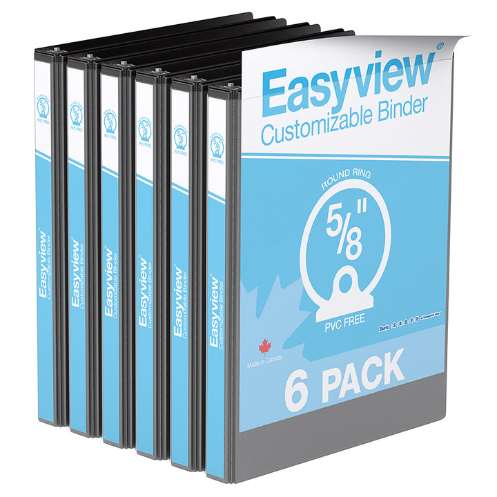 Easyview 5/8"Black Premium Round Ring View Binders - 6pk