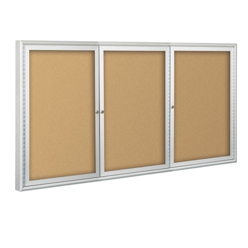 Best-Rite 3- Door Indoor Enclosed Natural Cork Bulletin Board with Silver Frame