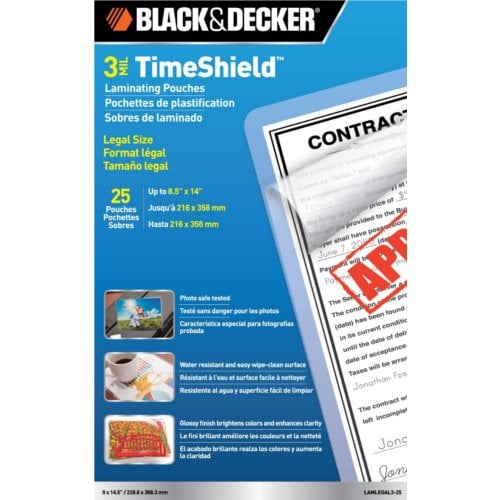 Black & Decker TimeShield 3 Mil Legal Size laminating Pouches 25pk - Clearance Sale