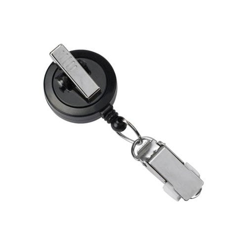Black Round Badge Reel with Card Clamp and Swivel Clip - 25pk