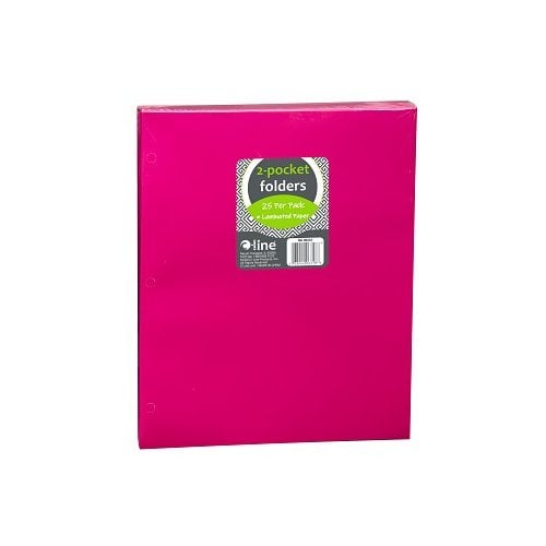 Bright Pink Laminated Paper Two-Pocket Folders with 3-Hole Punch - 25pk