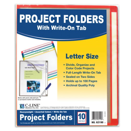 C-Line 11" x 8-1/2" Colored Project Folders with Write-On Tab 10pk - CLI-62190