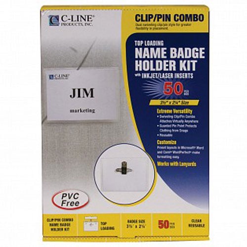 C-Line 3 1/2" x 2 1/4" Clip/Pin Combination Badge Holder Kits 50pk - CLI-95723