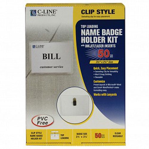 C-Line 3 1/2" x 2 1/4" Sealed Clip Style Name Badge Holder Kits 50pk - CLI-95523