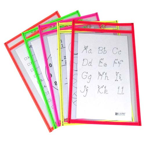 C-Line 6" x 9" Assorted Neon Reusable Dry Erase Pockets 10pk - CLI-41810