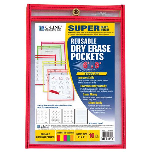 C-Line 6" x 9" Assorted Neon Reusable Dry Erase Pockets 10pk - CLI-41810