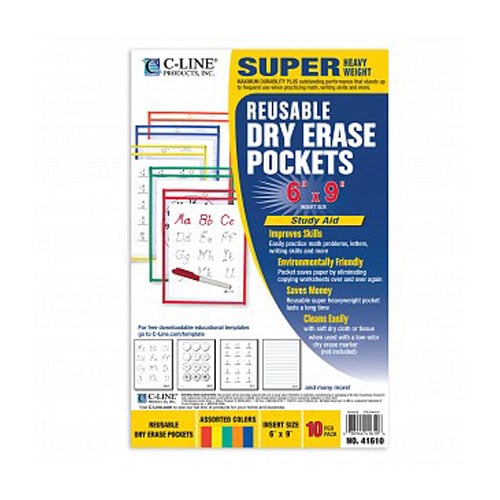C-Line 6" x 9" Assorted Neon Reusable Dry Erase Pockets 10pk - CLI-41810
