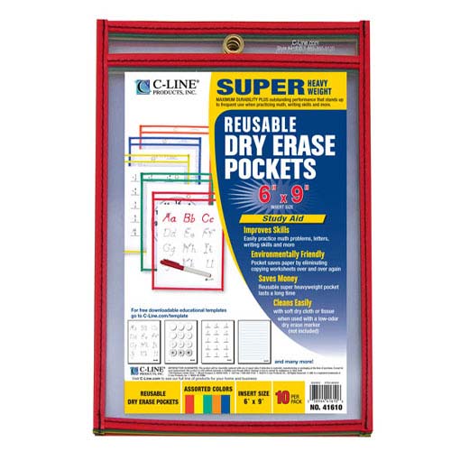 C- Line 6" x 9" Reusable Dry Erase Pockets (Primary Colors) 10pk - CLI-41610