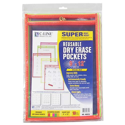 C- Line  9" x 12" Assorted Neon Reusable Dry Erase Pockets 10pk - CLI-40810 - Clearance Sale