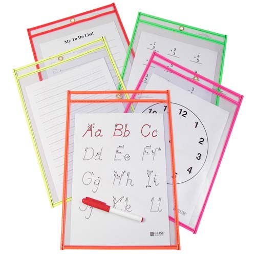 C- Line  9" x 12" Assorted Neon Reusable Dry Erase Pockets 10pk - CLI-40810 - Clearance Sale