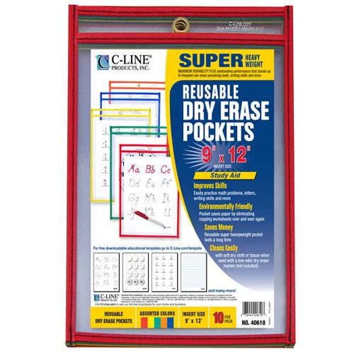 C-Line  9" x 12" Assorted Reusable Dry Erase Pockets 10pk - CLI-40610