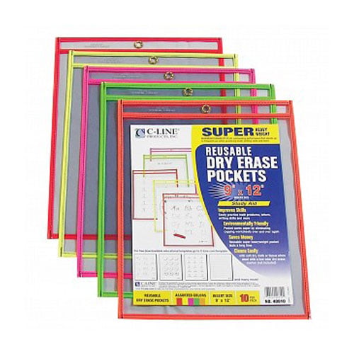 C-Line  9" x 12" Neon Red Reusable Dry Erase Pockets 30pk - CLI-40814