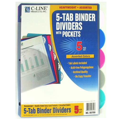 C-Line Assorted Binder Index Dividers w/ Slant Pockets 5pk - CLI-5750 - Clearance Sale