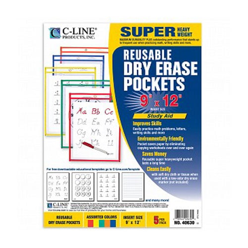 C-Line Assorted 9" x 12" Reusable Dry Erase Pockets (Primary Colors)