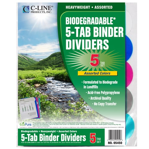 C-Line Assorted Biodegradable 5-Tab Poly Binder Index Dividers - 5/PK