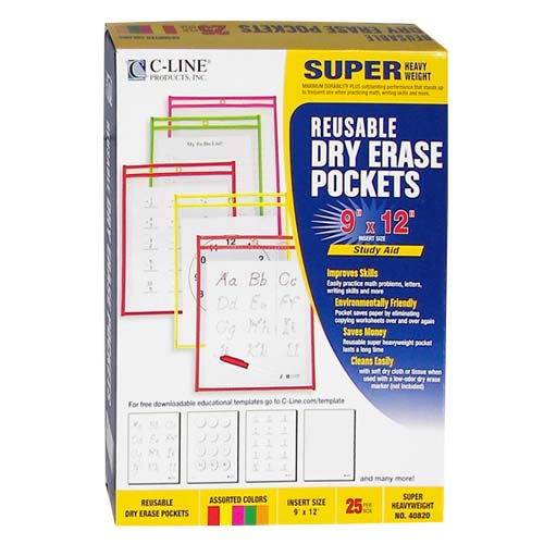 C- Line Assorted Neon 9" x 12" Reusable Dry Erase Pockets 25pk - CLI-40820