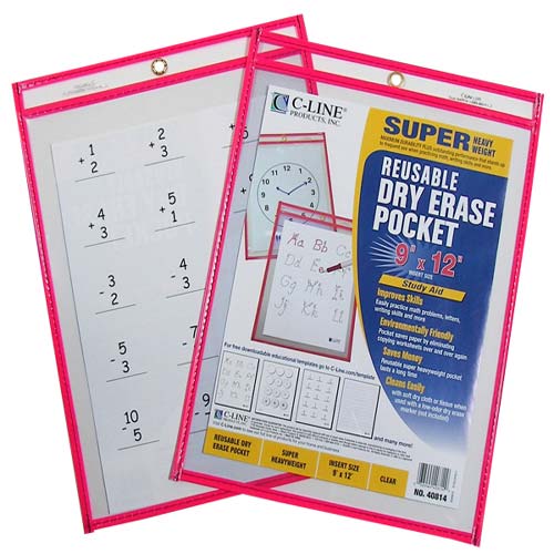 C- Line Assorted Neon 9" x 12" Reusable Dry Erase Pockets