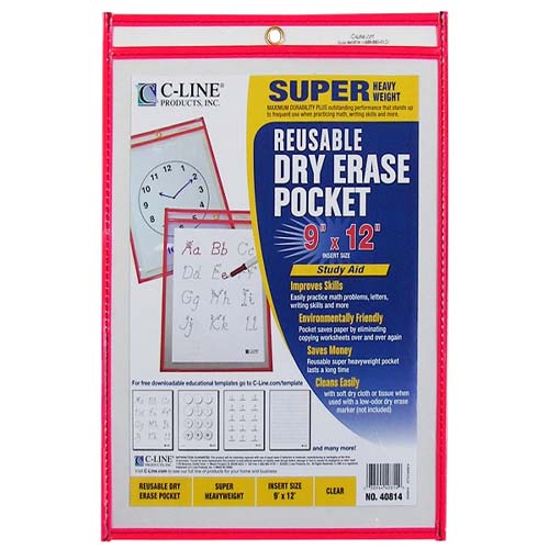 C- Line Assorted Neon 9" x 12" Reusable Dry Erase Pockets