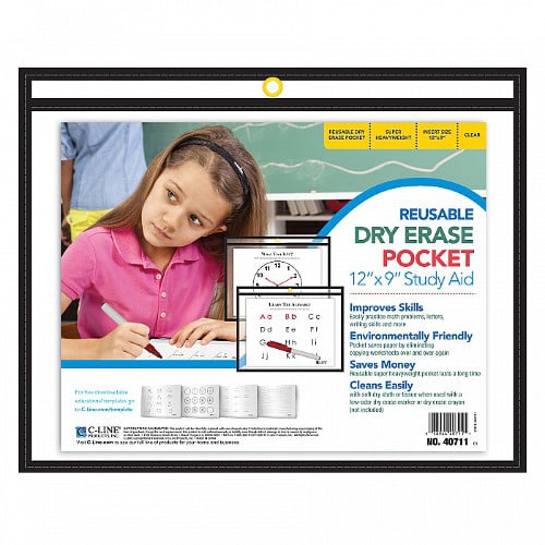 C-Line Black 12" x 9" Horizontal Reusable Dry Erase Pocket (Open Long Side) 30pk - CLI-40711