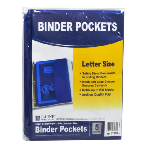 C-Line Blue Binder Pockets with Hook and Loop Closure  5pk - CLI-57535