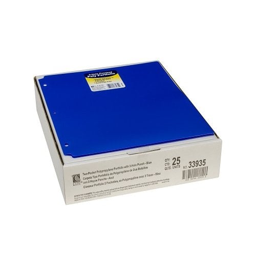 C-Line Blue Two-Pocket Heavyweight Poly Portfolio Folder with Three-Hole Punch 25pk