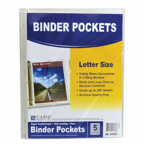 C-Line Clear Binder Pockets with Hook and Loop Closure  5pk - CLI-57537  - Clearance Sale