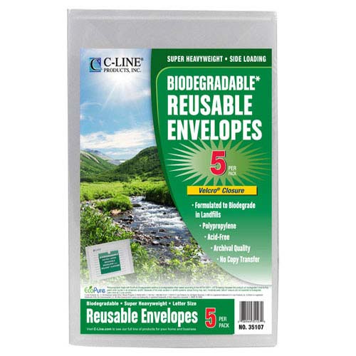 C-Line Clear Biodegradable Reusable XL Poly Envelopes w/ Hook and Loop Closure 5pk - CLI-35107 - Clearance Sale