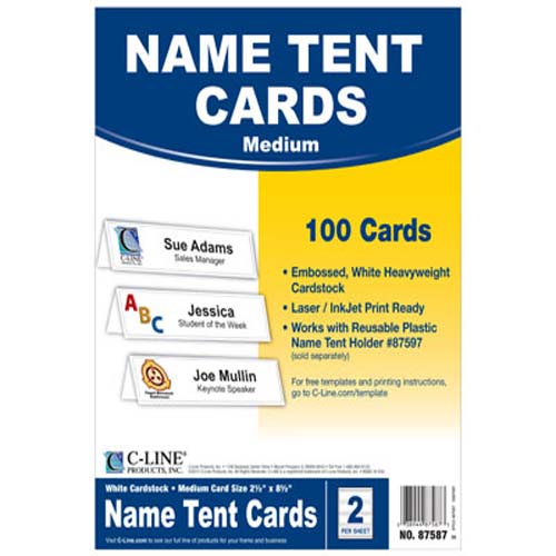 C-Line Medium Scored White Name Tent Cardstock 100pk - CLI-87587