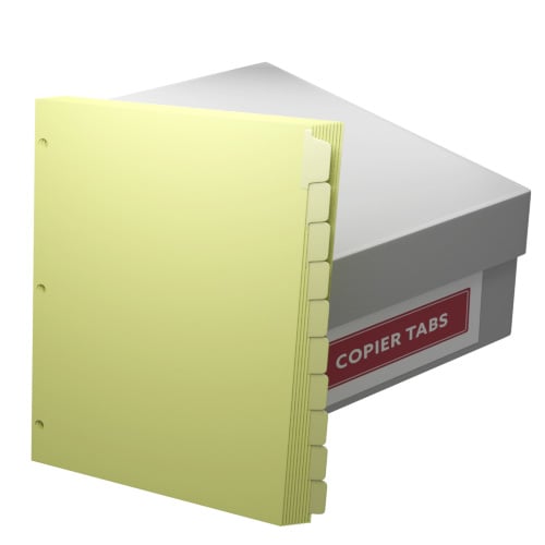 MyBinding 90lb Canary 1/10th Straight Collated Mylar Coated Copier Tabs (3-Hole Punched) - 1 Carton