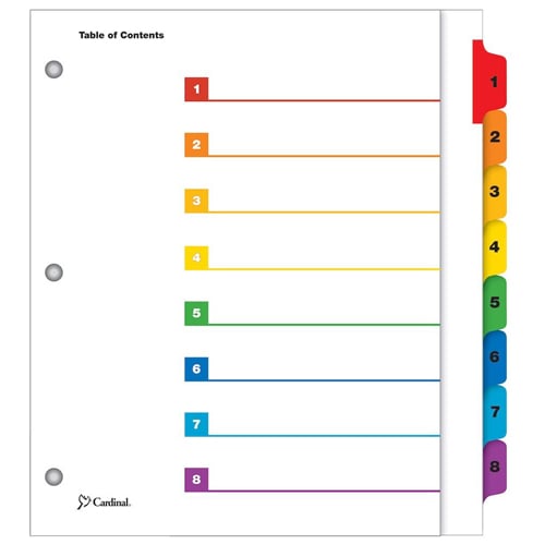 Cardinal Multi Color Extra Wide Table of Contents/8 Tab Divider 12pk - CRD-61818CB