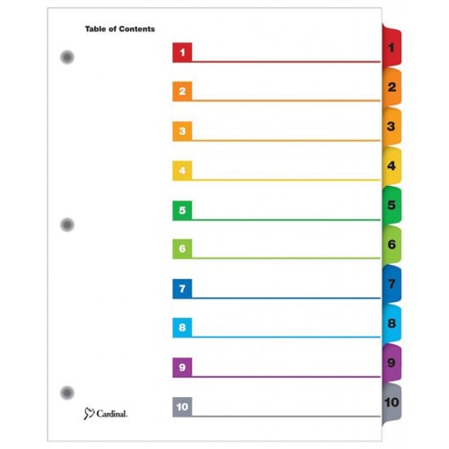 Cardinal Multi-Color QuickStep Table of Contents/10 Tab Divider (6 Packs, 24 Sets/Pack) - CRD-61038CB