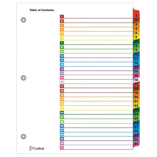 Cardinal Multi-Color Table of Contents/1-31 Tab Divider (72 Sets) - CRD-60118