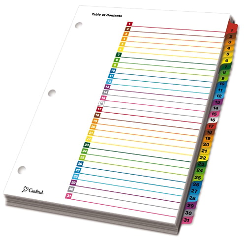 Cardinal Multi-Color Table of Contents/1-31 Tab Divider (72 Sets) - CRD-60118