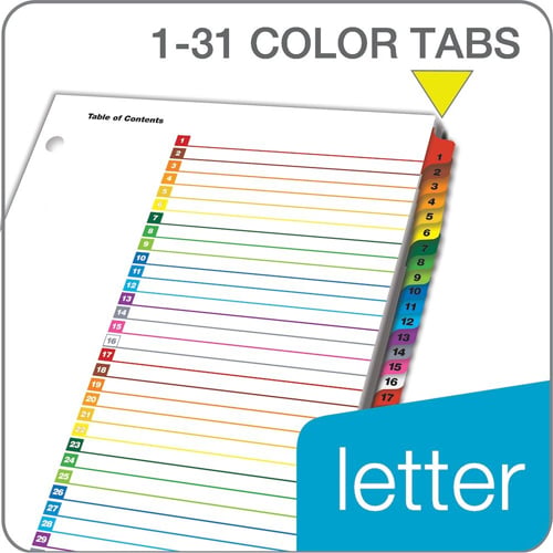 Cardinal Multi-Color Table of Contents/1-31 Tab Divider (72 Sets) - CRD-60118