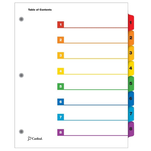 Cardinal Multi-Color Table of Contents/8 Tab Divider - 144pk - CRD-60828