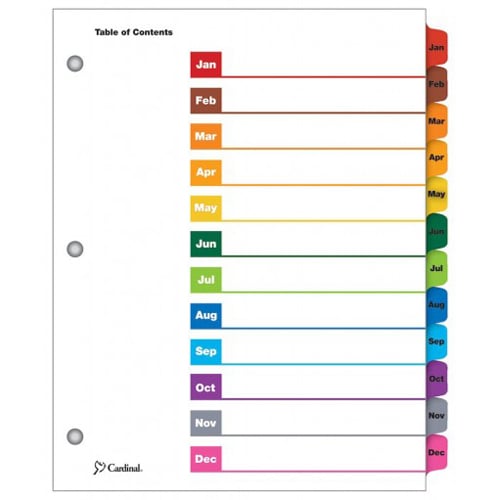 Cardinal Multi-Color Table of Contents/Month Tab Divider 24pk - CRD-60318CB