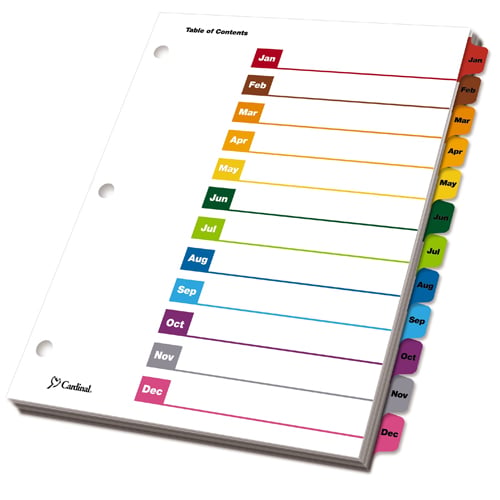 Cardinal Multi-Color Table of Contents/Month Tab Divider 24pk - CRD-60318CB