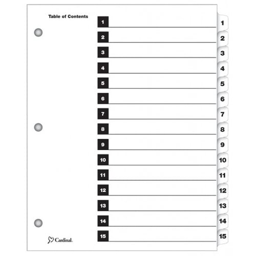 Cardinal White Printable Table of Contents/15 Tab Divider 24 sets - CRD-61513CB - Clearance Sale