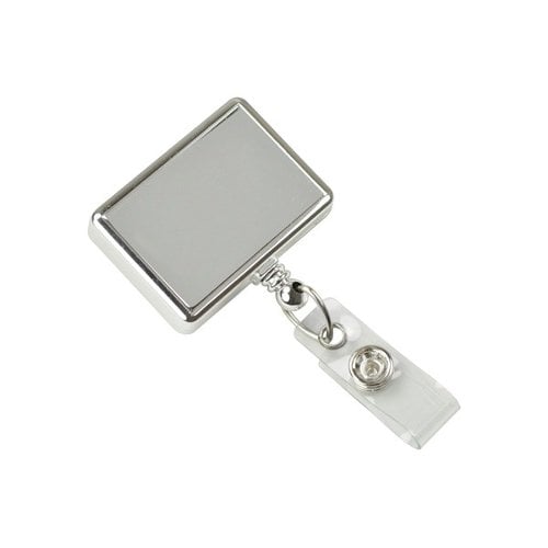 Chrome Rectangle Badge Reel With Swivel Clip and Clear Vinyl Strap - 25pk